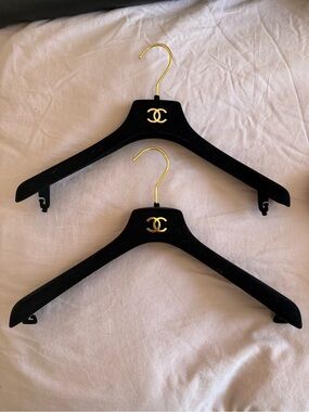 CHANEL Black Velvet Hangers with Gold CC Emblem - Pair